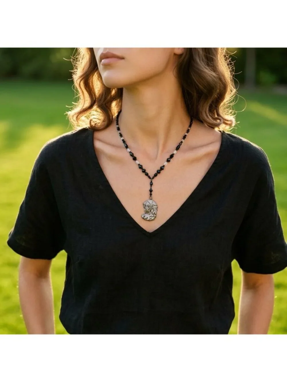 Art Nuveau Clay Lady Pendant with Artisan Crystal Beaded Necklace